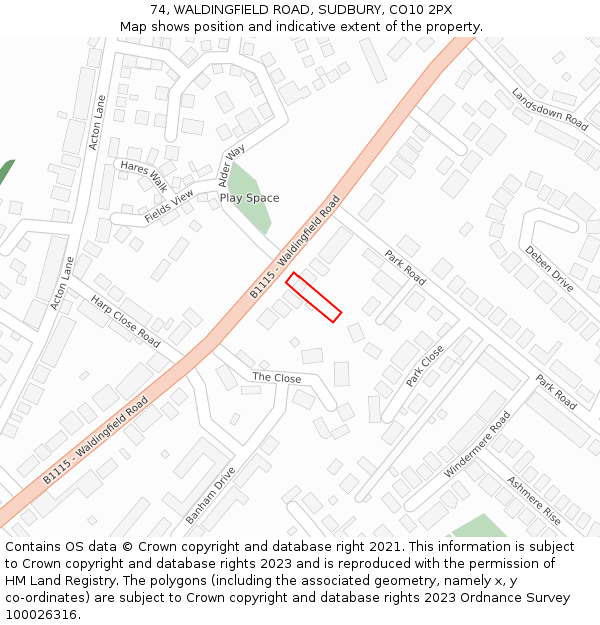 74, WALDINGFIELD ROAD, SUDBURY, CO10 2PX: Location map and indicative extent of plot