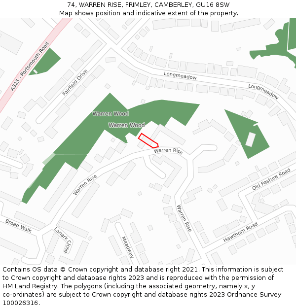 74, WARREN RISE, FRIMLEY, CAMBERLEY, GU16 8SW: Location map and indicative extent of plot