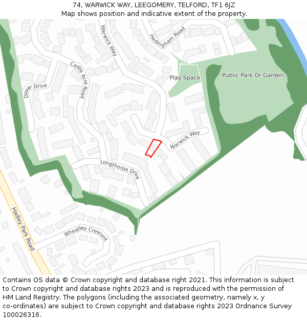 74, WARWICK WAY, LEEGOMERY, TELFORD, TF1 6JZ: Location map and indicative extent of plot