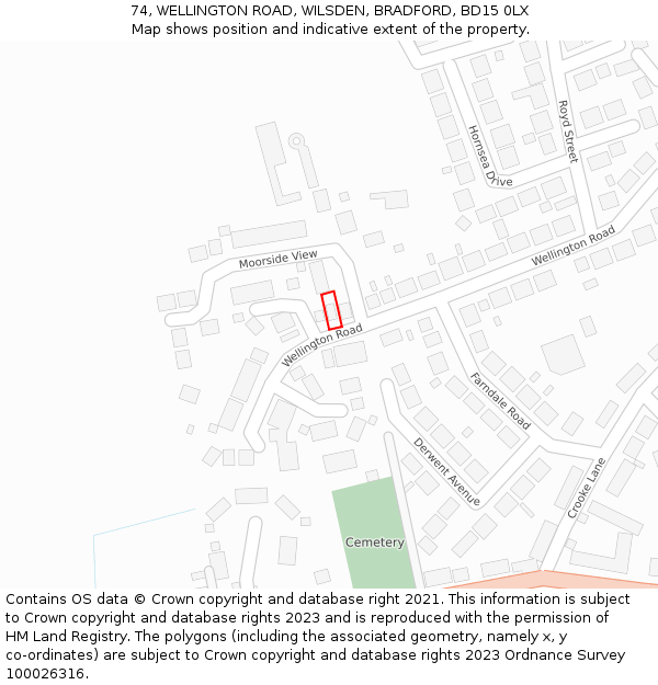 74, WELLINGTON ROAD, WILSDEN, BRADFORD, BD15 0LX: Location map and indicative extent of plot