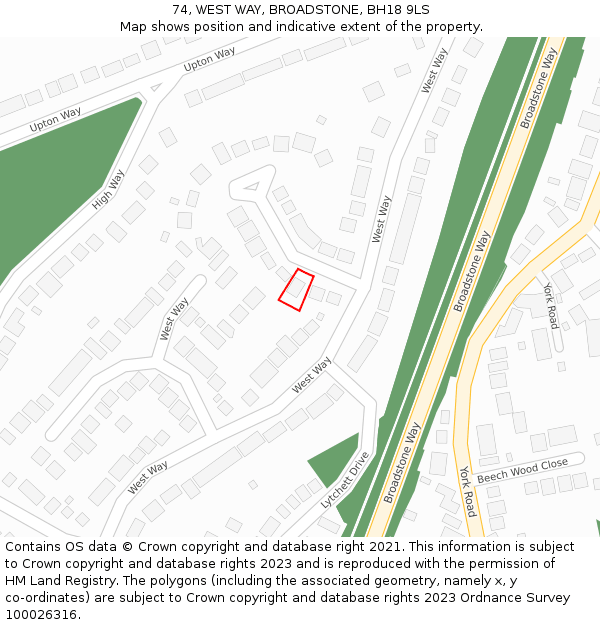 74, WEST WAY, BROADSTONE, BH18 9LS: Location map and indicative extent of plot