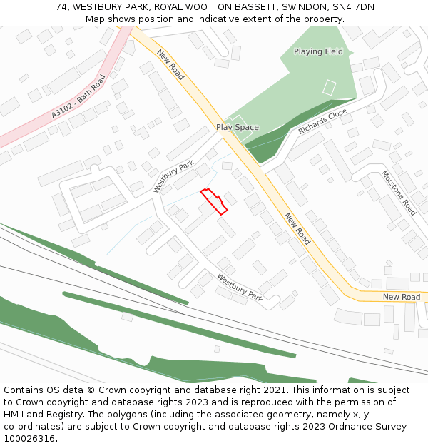 74, WESTBURY PARK, ROYAL WOOTTON BASSETT, SWINDON, SN4 7DN: Location map and indicative extent of plot