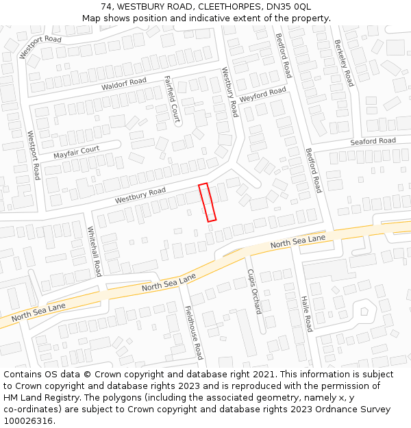 74, WESTBURY ROAD, CLEETHORPES, DN35 0QL: Location map and indicative extent of plot