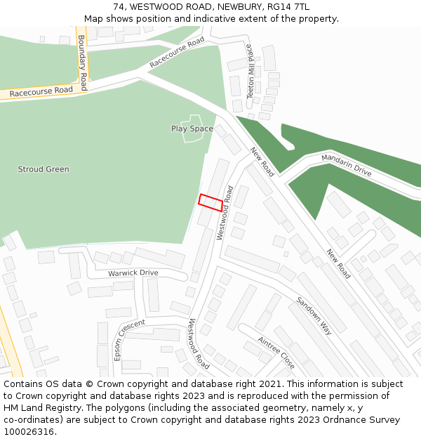 74, WESTWOOD ROAD, NEWBURY, RG14 7TL: Location map and indicative extent of plot