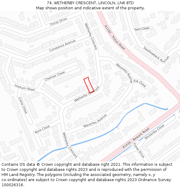 74, WETHERBY CRESCENT, LINCOLN, LN6 8TD: Location map and indicative extent of plot