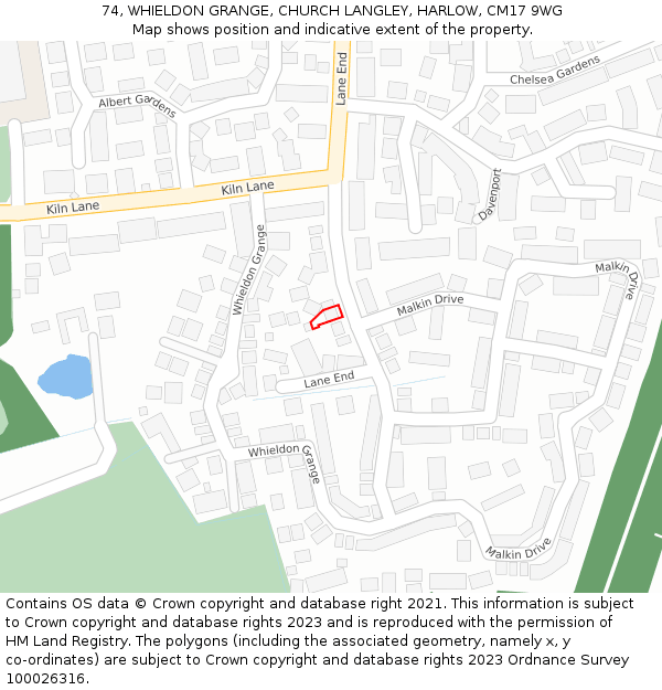 74, WHIELDON GRANGE, CHURCH LANGLEY, HARLOW, CM17 9WG: Location map and indicative extent of plot