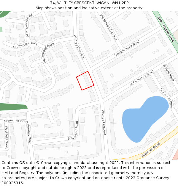 74, WHITLEY CRESCENT, WIGAN, WN1 2PP: Location map and indicative extent of plot