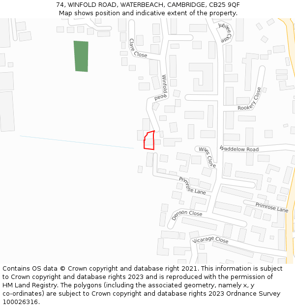 74, WINFOLD ROAD, WATERBEACH, CAMBRIDGE, CB25 9QF: Location map and indicative extent of plot