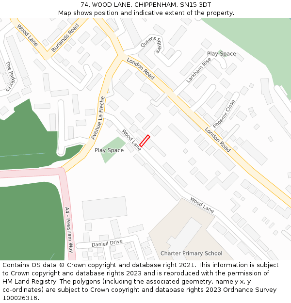 74, WOOD LANE, CHIPPENHAM, SN15 3DT: Location map and indicative extent of plot