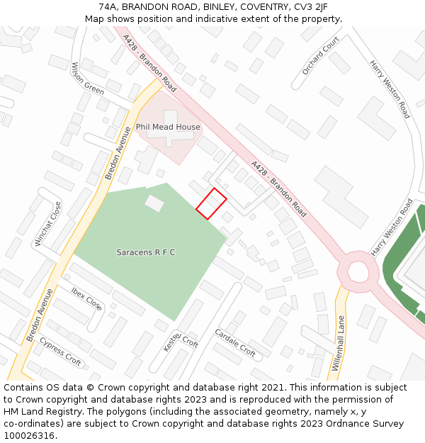 74A, BRANDON ROAD, BINLEY, COVENTRY, CV3 2JF: Location map and indicative extent of plot