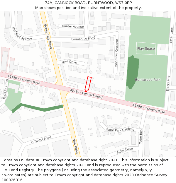 74A, CANNOCK ROAD, BURNTWOOD, WS7 0BP: Location map and indicative extent of plot