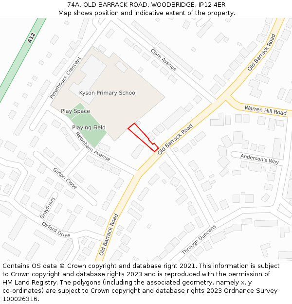 74A, OLD BARRACK ROAD, WOODBRIDGE, IP12 4ER: Location map and indicative extent of plot