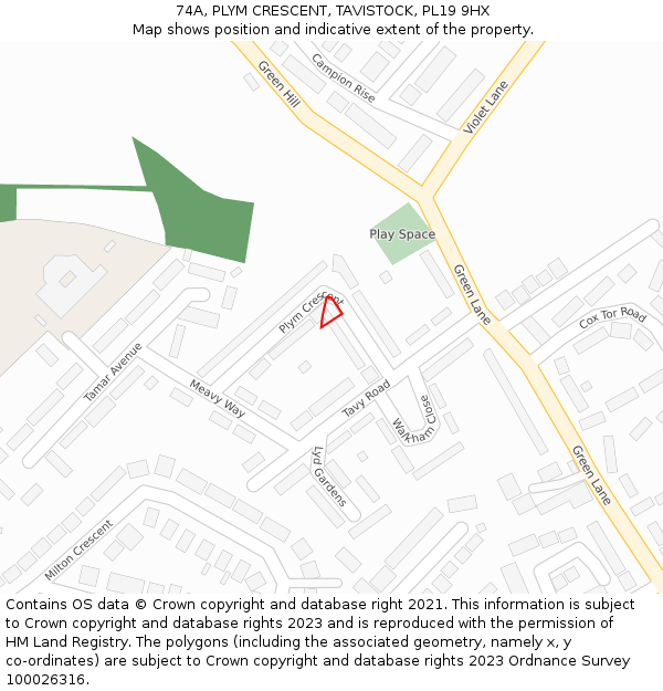 74A, PLYM CRESCENT, TAVISTOCK, PL19 9HX: Location map and indicative extent of plot