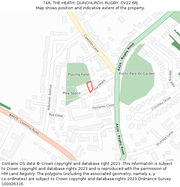 74A, THE HEATH, DUNCHURCH, RUGBY, CV22 6RJ: Location map and indicative extent of plot