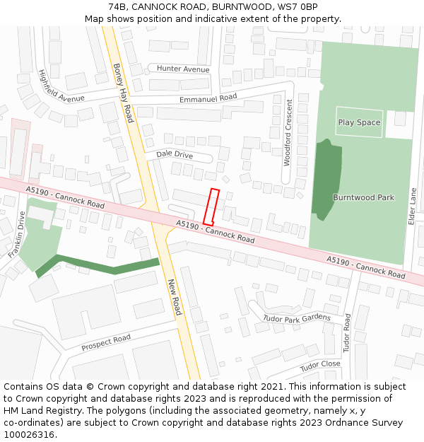 74B, CANNOCK ROAD, BURNTWOOD, WS7 0BP: Location map and indicative extent of plot