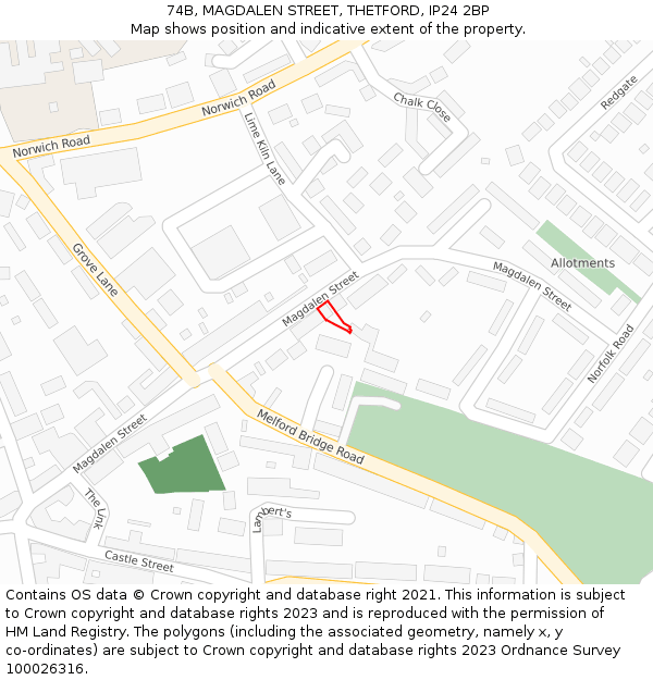 74B, MAGDALEN STREET, THETFORD, IP24 2BP: Location map and indicative extent of plot