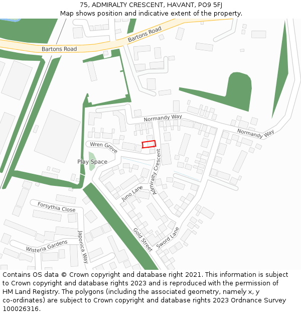 75, ADMIRALTY CRESCENT, HAVANT, PO9 5FJ: Location map and indicative extent of plot