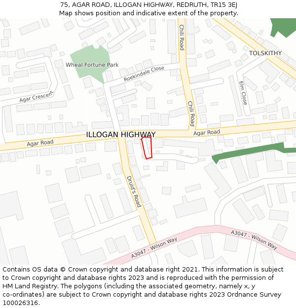 75, AGAR ROAD, ILLOGAN HIGHWAY, REDRUTH, TR15 3EJ: Location map and indicative extent of plot