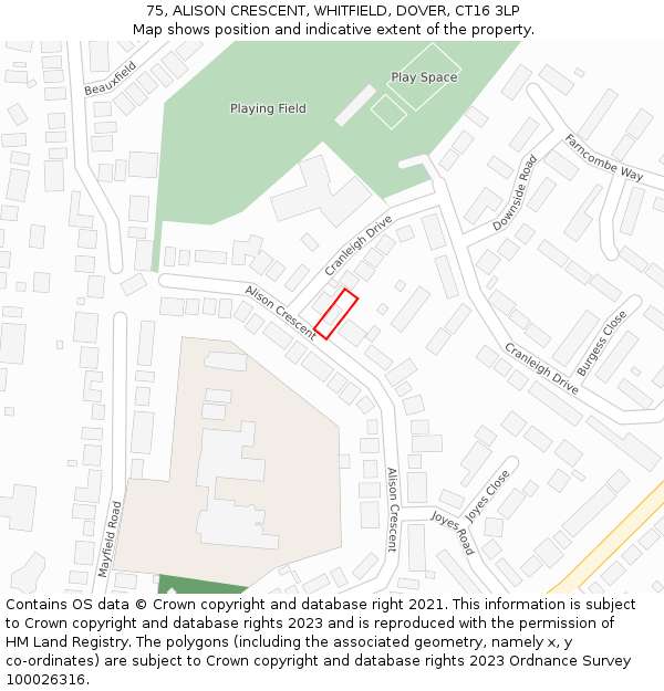 75, ALISON CRESCENT, WHITFIELD, DOVER, CT16 3LP: Location map and indicative extent of plot