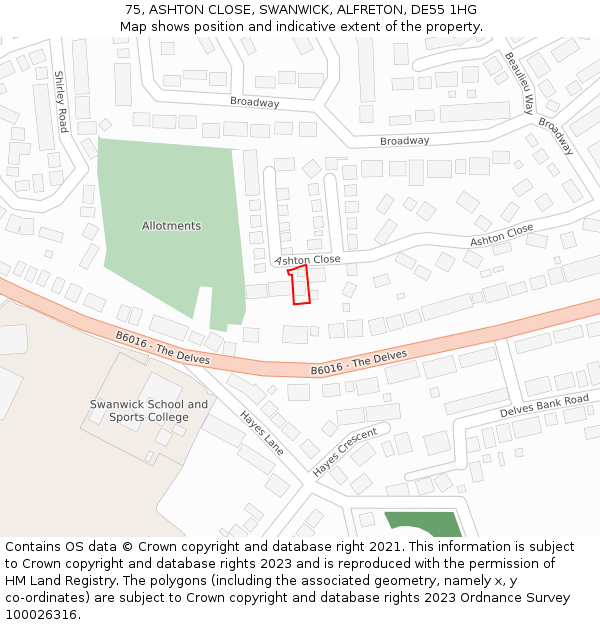 75, ASHTON CLOSE, SWANWICK, ALFRETON, DE55 1HG: Location map and indicative extent of plot