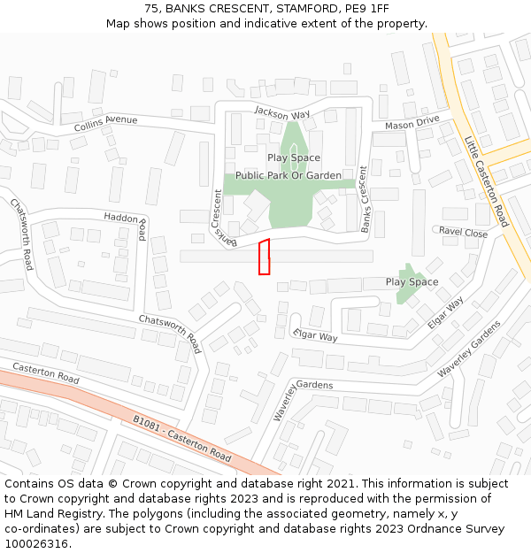 75, BANKS CRESCENT, STAMFORD, PE9 1FF: Location map and indicative extent of plot