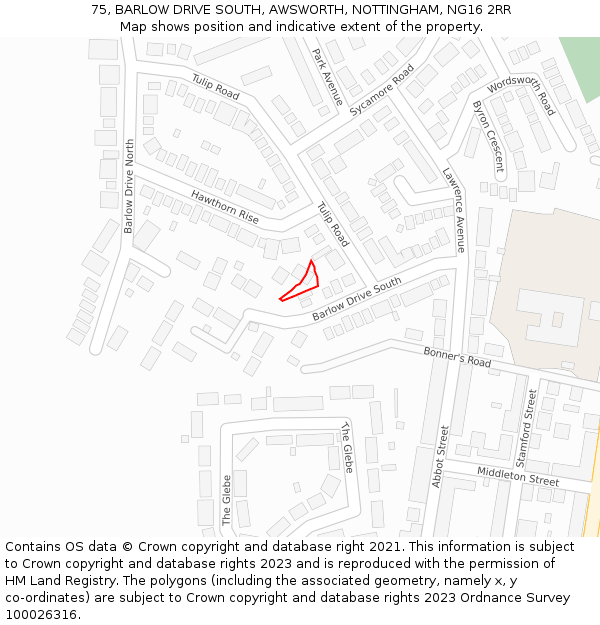 75, BARLOW DRIVE SOUTH, AWSWORTH, NOTTINGHAM, NG16 2RR: Location map and indicative extent of plot