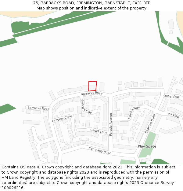75, BARRACKS ROAD, FREMINGTON, BARNSTAPLE, EX31 3FP: Location map and indicative extent of plot