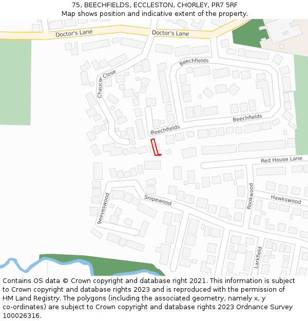 75, BEECHFIELDS, ECCLESTON, CHORLEY, PR7 5RF: Location map and indicative extent of plot
