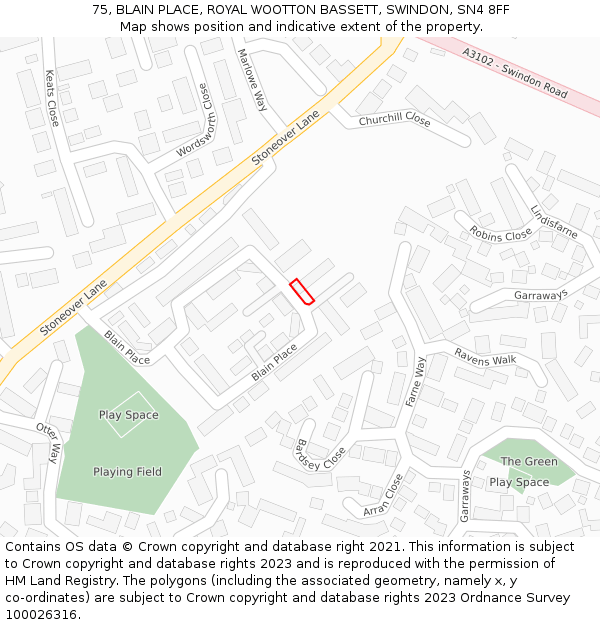 75, BLAIN PLACE, ROYAL WOOTTON BASSETT, SWINDON, SN4 8FF: Location map and indicative extent of plot