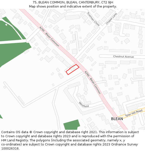 75, BLEAN COMMON, BLEAN, CANTERBURY, CT2 9JH: Location map and indicative extent of plot