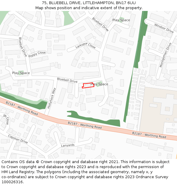 75, BLUEBELL DRIVE, LITTLEHAMPTON, BN17 6UU: Location map and indicative extent of plot