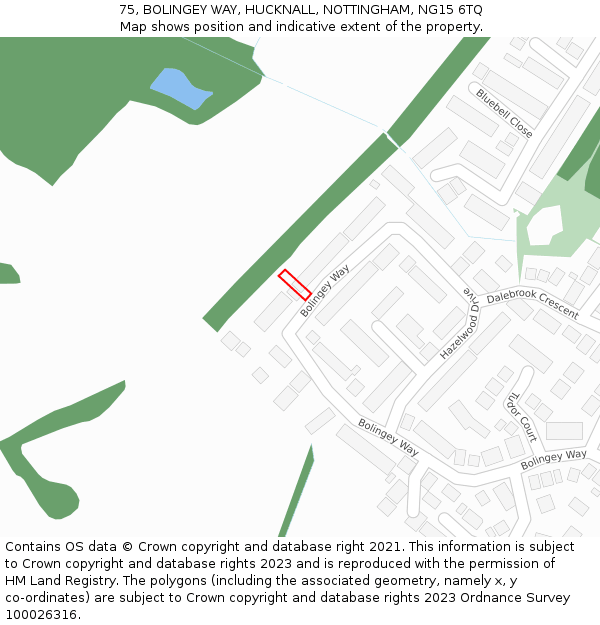 75, BOLINGEY WAY, HUCKNALL, NOTTINGHAM, NG15 6TQ: Location map and indicative extent of plot