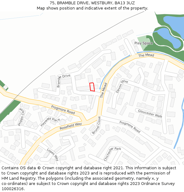 75, BRAMBLE DRIVE, WESTBURY, BA13 3UZ: Location map and indicative extent of plot