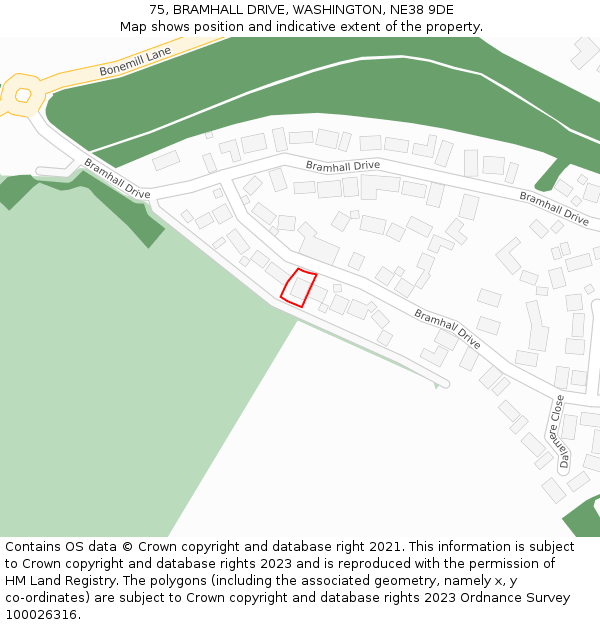 75, BRAMHALL DRIVE, WASHINGTON, NE38 9DE: Location map and indicative extent of plot