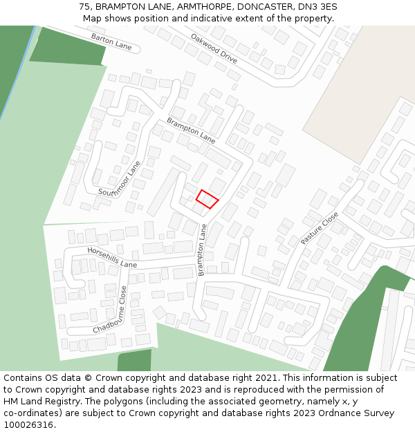 75, BRAMPTON LANE, ARMTHORPE, DONCASTER, DN3 3ES: Location map and indicative extent of plot