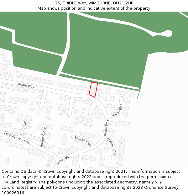 75, BRIDLE WAY, WIMBORNE, BH21 2UP: Location map and indicative extent of plot