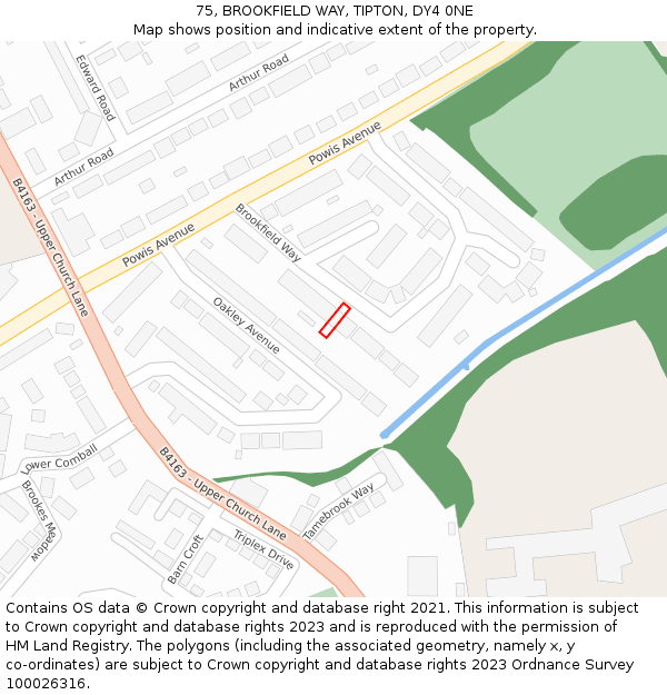 75, BROOKFIELD WAY, TIPTON, DY4 0NE: Location map and indicative extent of plot