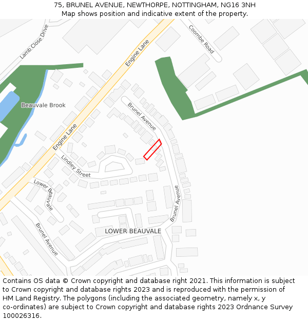 75, BRUNEL AVENUE, NEWTHORPE, NOTTINGHAM, NG16 3NH: Location map and indicative extent of plot