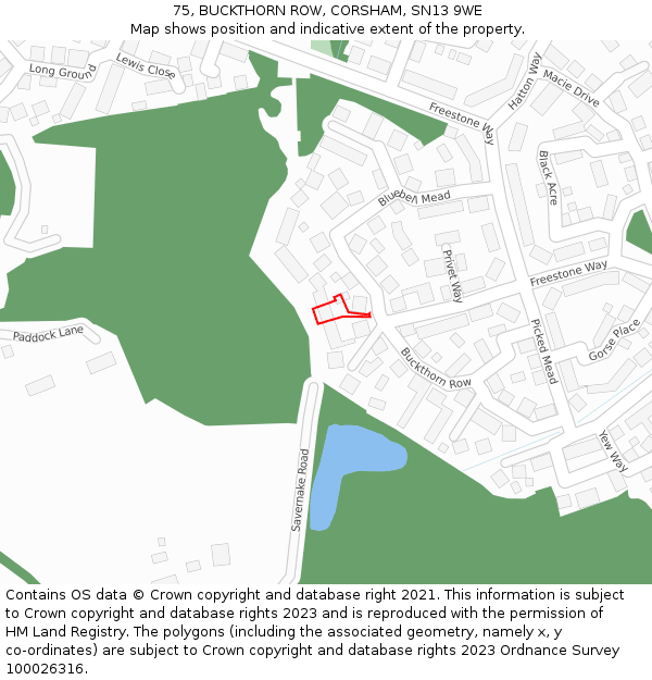 75, BUCKTHORN ROW, CORSHAM, SN13 9WE: Location map and indicative extent of plot
