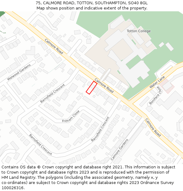 75, CALMORE ROAD, TOTTON, SOUTHAMPTON, SO40 8GL: Location map and indicative extent of plot