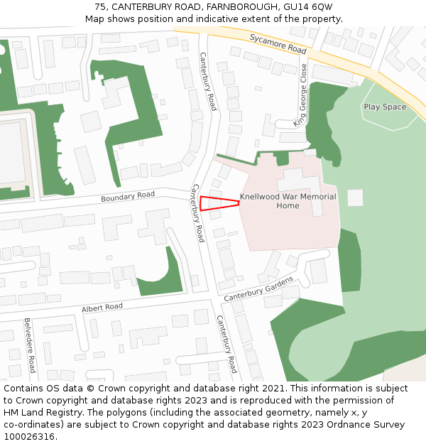 75, CANTERBURY ROAD, FARNBOROUGH, GU14 6QW: Location map and indicative extent of plot