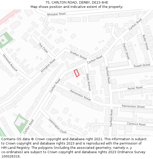 75, CARLTON ROAD, DERBY, DE23 6HE: Location map and indicative extent of plot