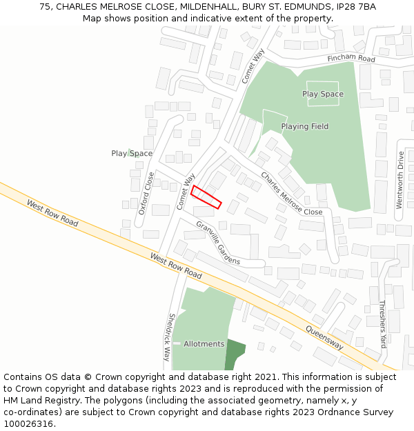 75, CHARLES MELROSE CLOSE, MILDENHALL, BURY ST. EDMUNDS, IP28 7BA: Location map and indicative extent of plot
