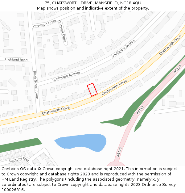 75, CHATSWORTH DRIVE, MANSFIELD, NG18 4QU: Location map and indicative extent of plot