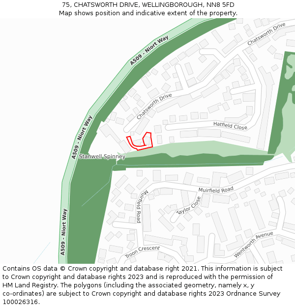 75, CHATSWORTH DRIVE, WELLINGBOROUGH, NN8 5FD: Location map and indicative extent of plot