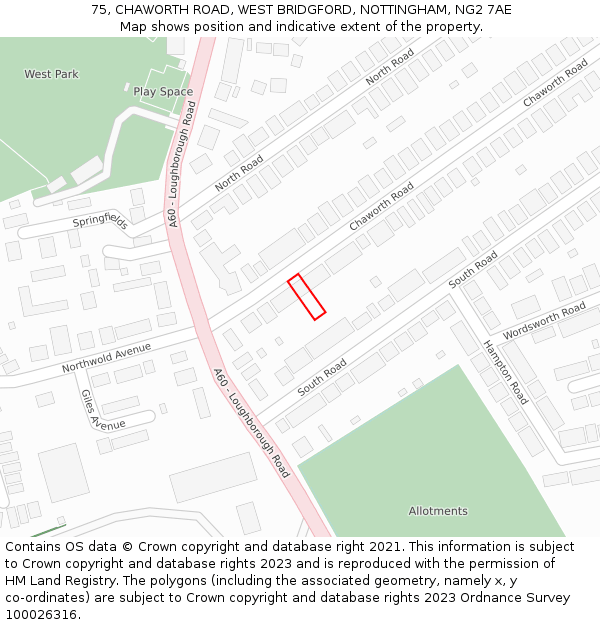 75, CHAWORTH ROAD, WEST BRIDGFORD, NOTTINGHAM, NG2 7AE: Location map and indicative extent of plot