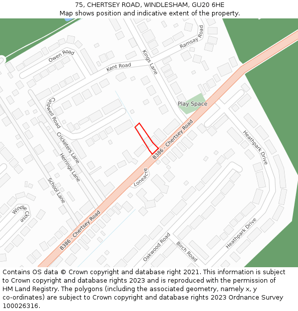 75, CHERTSEY ROAD, WINDLESHAM, GU20 6HE: Location map and indicative extent of plot