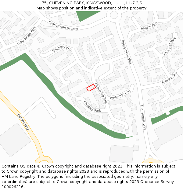 75, CHEVENING PARK, KINGSWOOD, HULL, HU7 3JS: Location map and indicative extent of plot