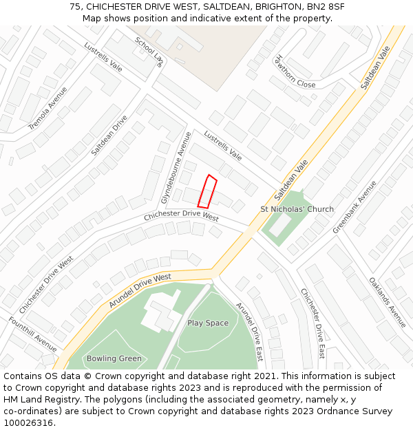 75, CHICHESTER DRIVE WEST, SALTDEAN, BRIGHTON, BN2 8SF: Location map and indicative extent of plot