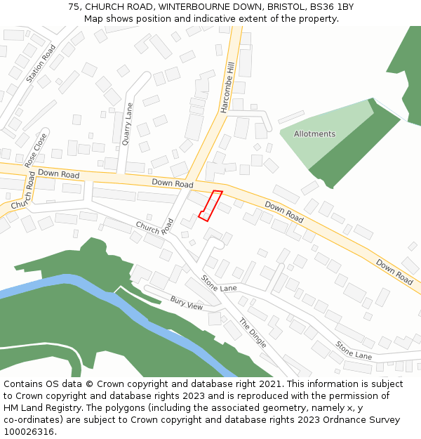 75, CHURCH ROAD, WINTERBOURNE DOWN, BRISTOL, BS36 1BY: Location map and indicative extent of plot